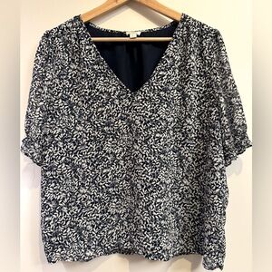 J. Crew Womens Floral Blouse Top Short Sleeve V Neck Blue White